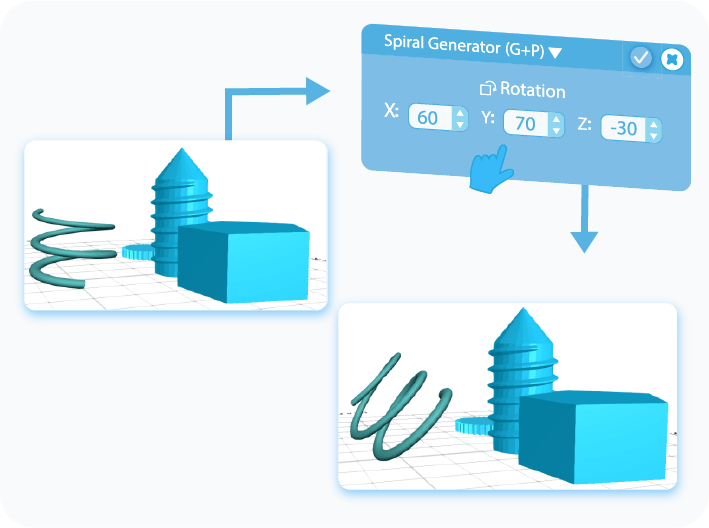 Customize Rotation of generated Spiral in the workspace with XYZ coordinates